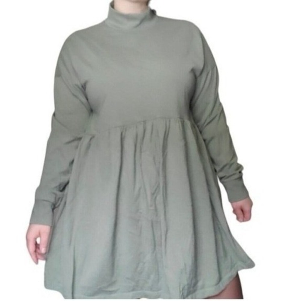 Forever 21 Womens Boho Babydoll Dress Mock Neck‎ Long Sleeve XS Sage Green Mini